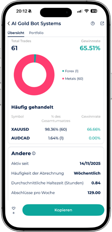 Portfolio-Übersicht des des Trading Bot AI Gold Bot Systems in der Startrader App.