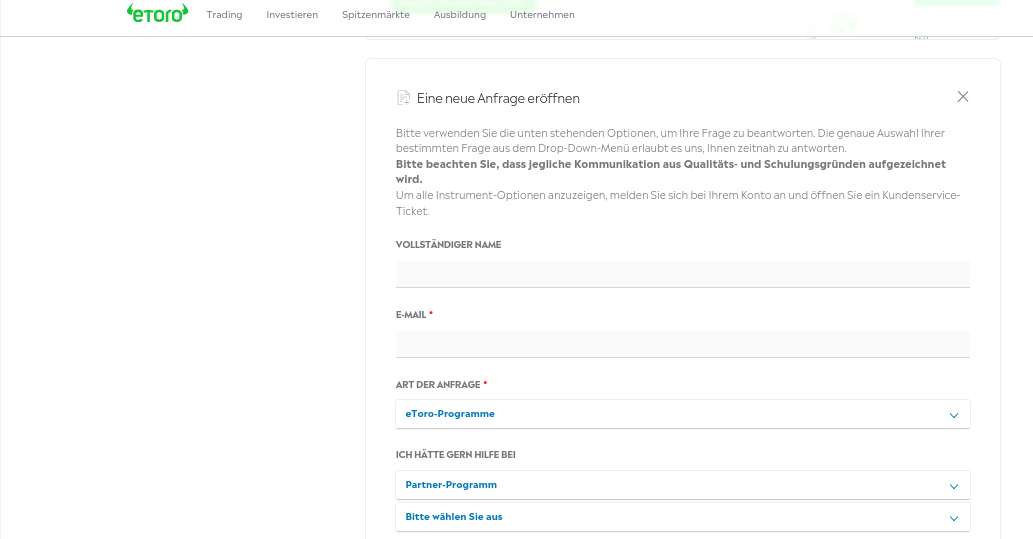 Anmeldemaske bei eToro