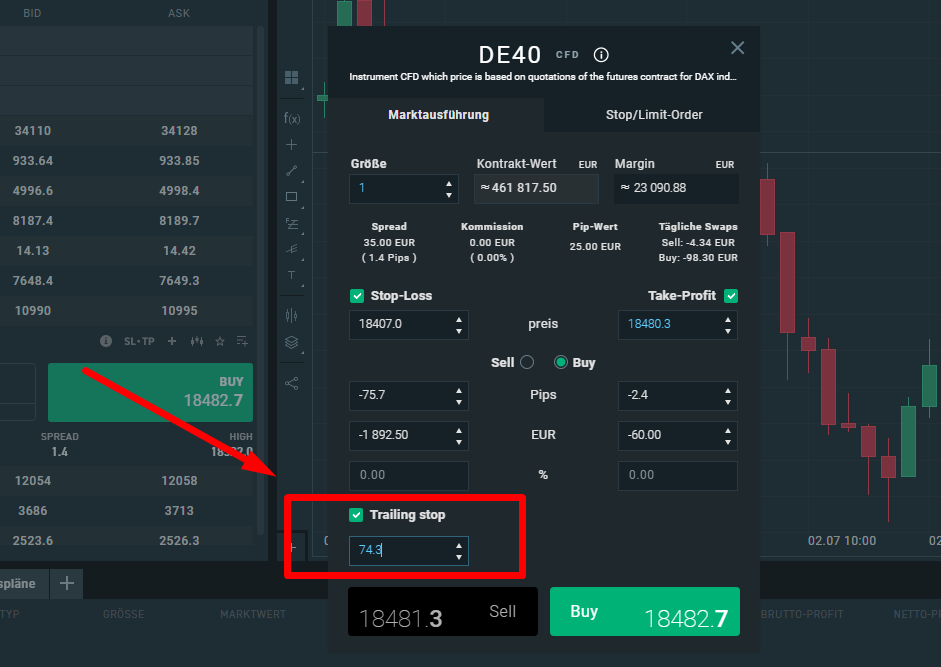 Anwendung Trailing Stop Loss Beispiel