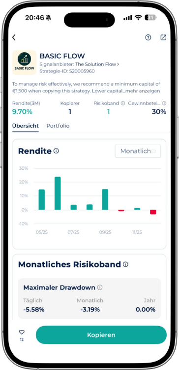 Monatsrenditen und maximaler Drawdown des Basic Flow Trading Bot in der Startrader App.