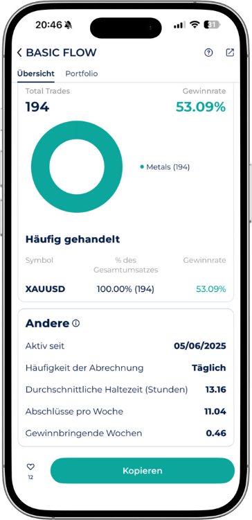Überblick des Basic Flow Trading Bot in der Startrader App.