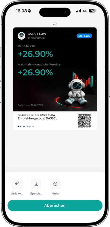 Basic Flow Expert Advisor Performance in der Startrader App mit 26,90 Prozent Rendite YTD und maximaler monatlicher Rendite.