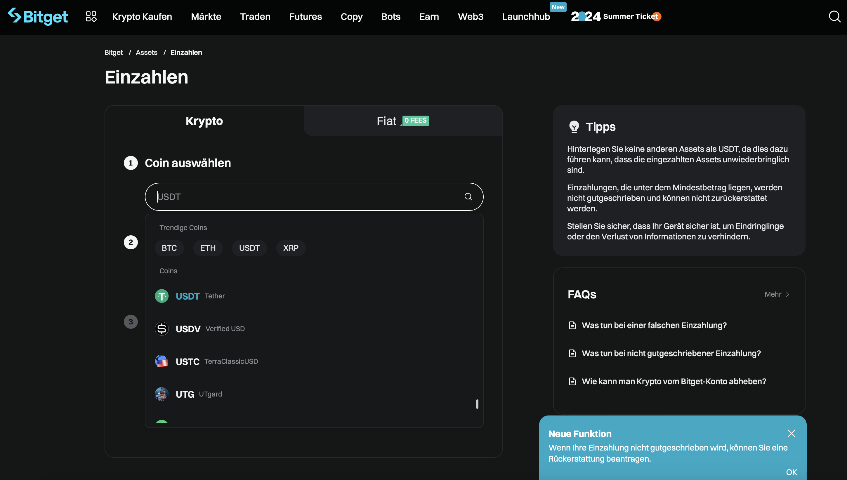 Einzahlen in das Krypto Wallet