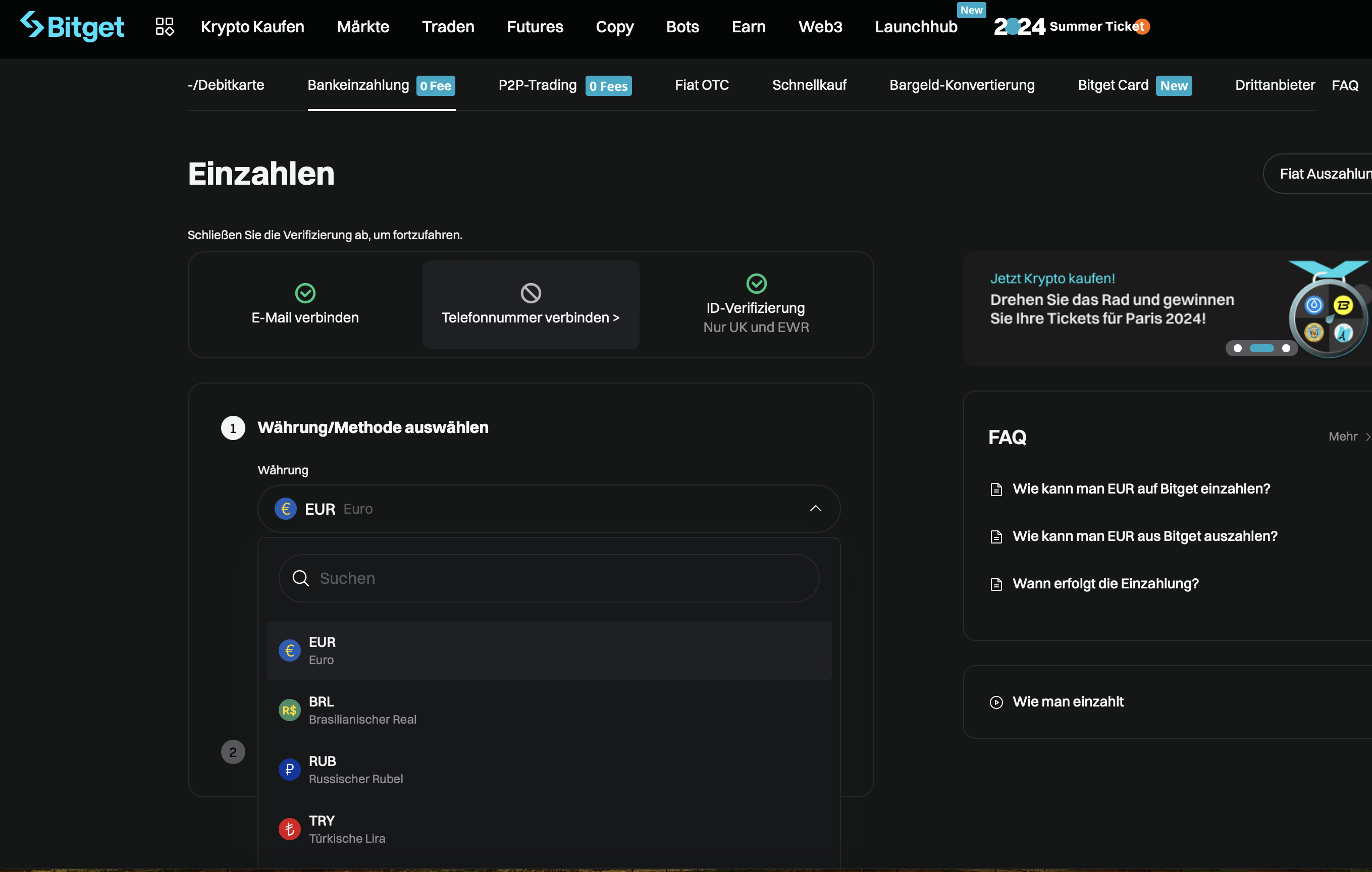 Geld einzahlen auf der Krypto Trading Plattform Bitget