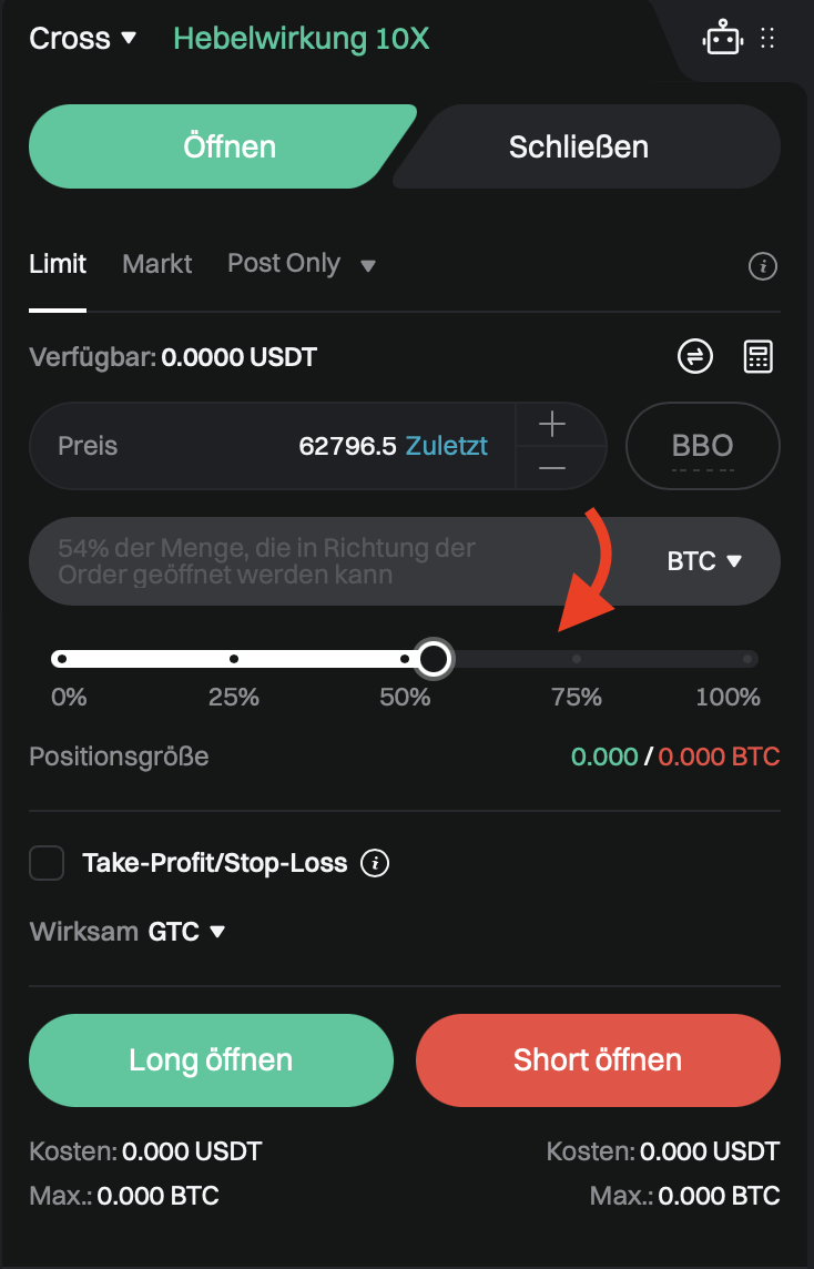 Hebel für Krypto Trading bei der Krypto Börse Bitget auswählen