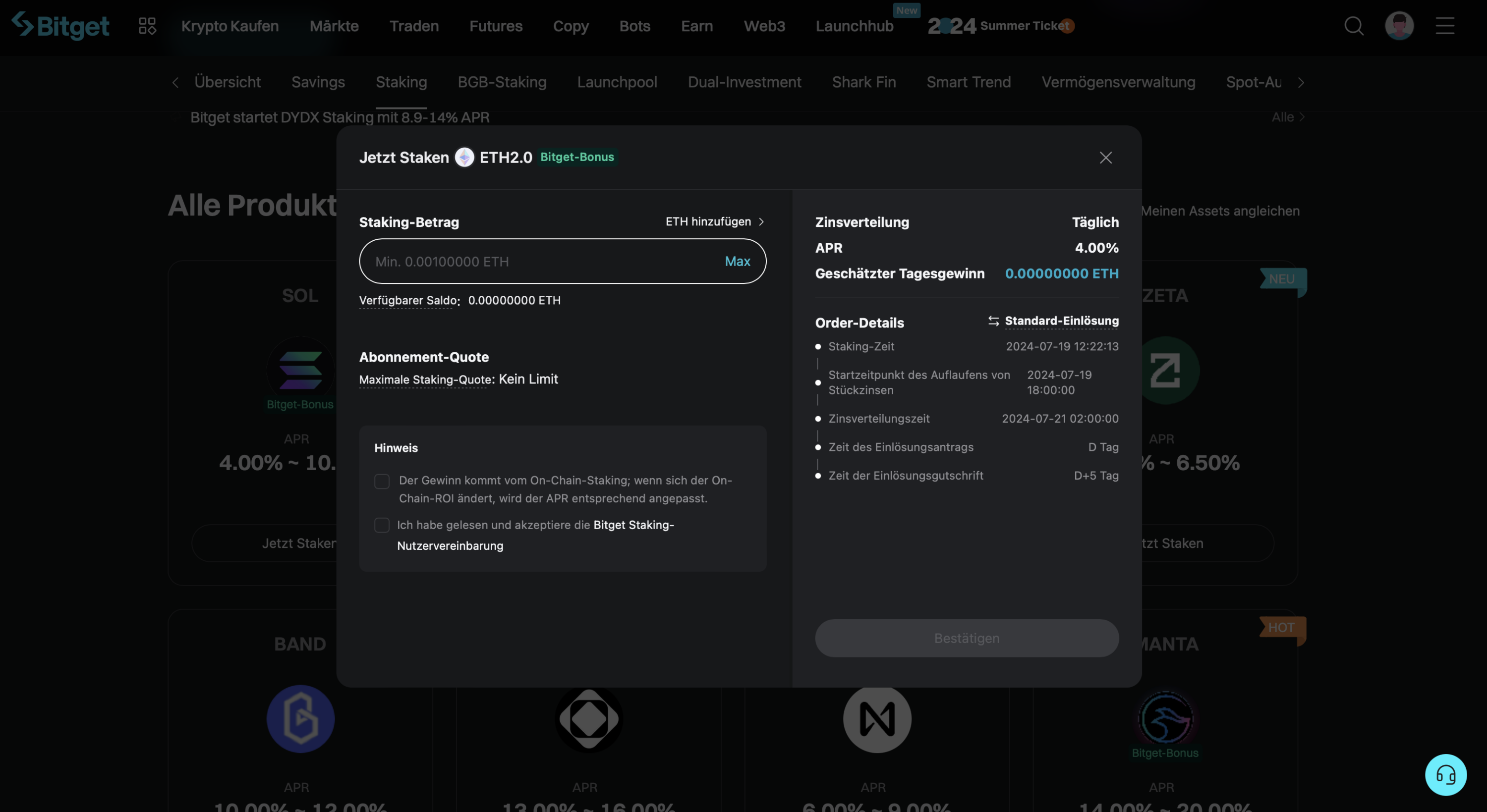 Bitget Krypto Staking Beispiel wie zum Beispiel ETH2.0
