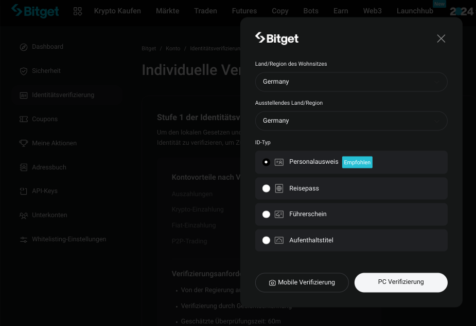 Verifizierungsmaske bei der Anmeldung zur Bitget-Plattform