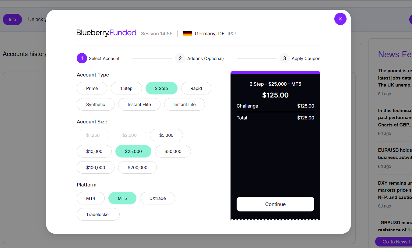 Blueberry Funded Challenge Starten im Dashboard