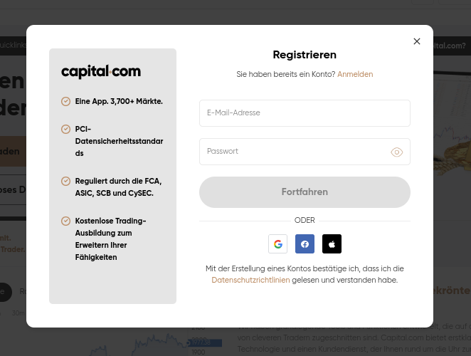 Anmeldemaske für CFD Broker