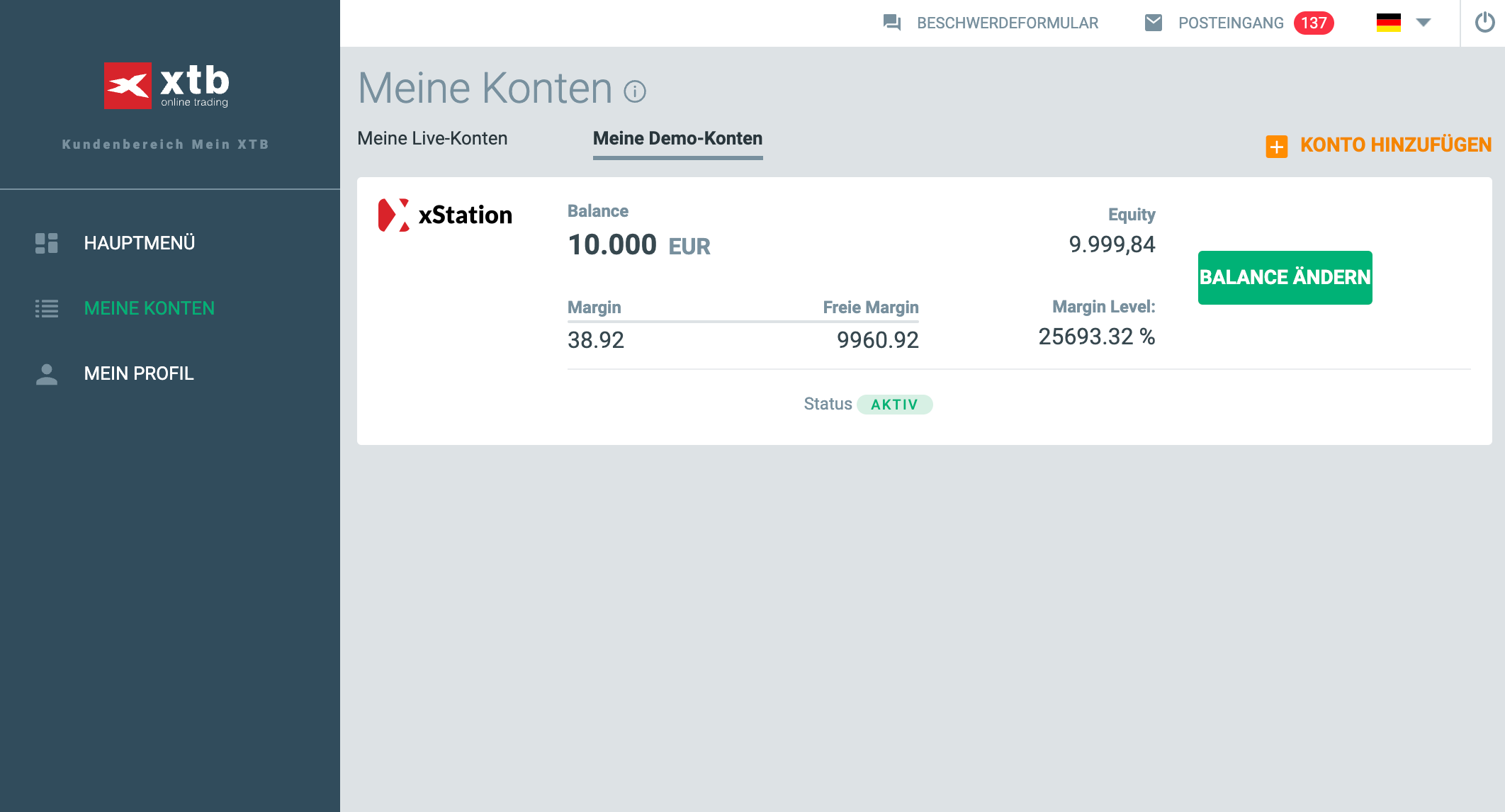 Demohandel bei XTB