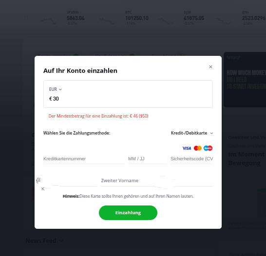 Einzahlungsmaske in der ETF Trading Plattform eToro