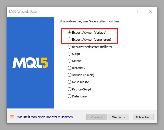 Expert Advisor erstellen mit MQL5