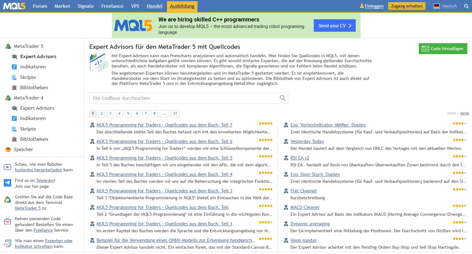 Expert Advisor Beispiele im MQL5 Forum