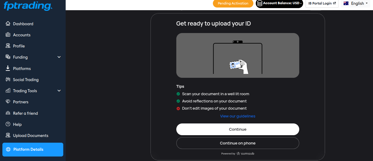 ID Verifizierung für ein Konto bei FP Trading