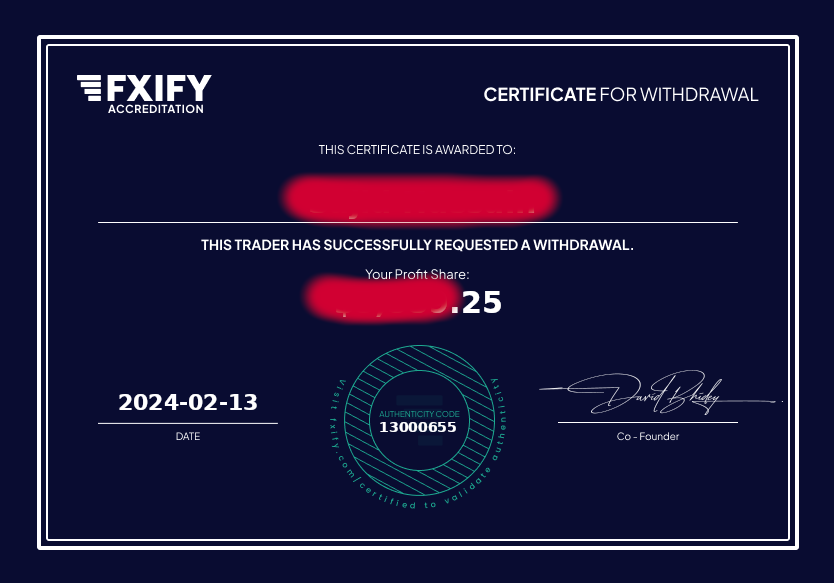 FXIFY Urkunde zur Auszahlungsbestätigung
