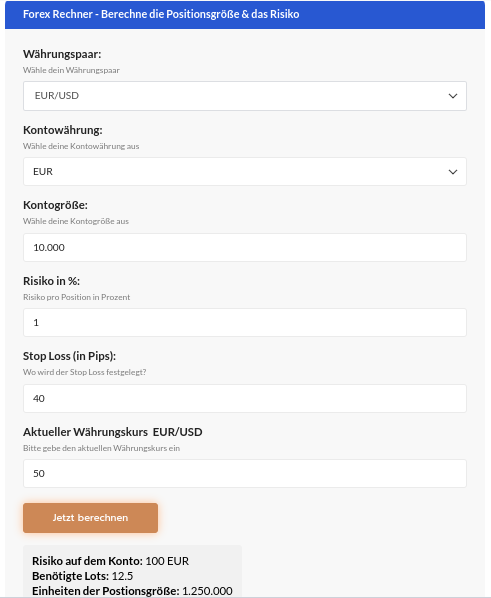 Forex-Rechner auf der Seite Trading.de