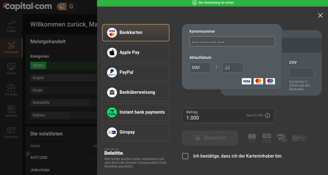Guthaben auswählen und bei Capital.com aufladen