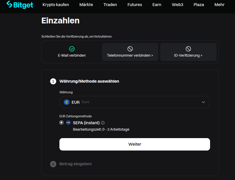 Formular bei Bitget für die Einzahlung von Geld