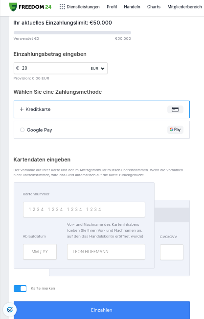 Einzahlung von Geld bei Freedom24