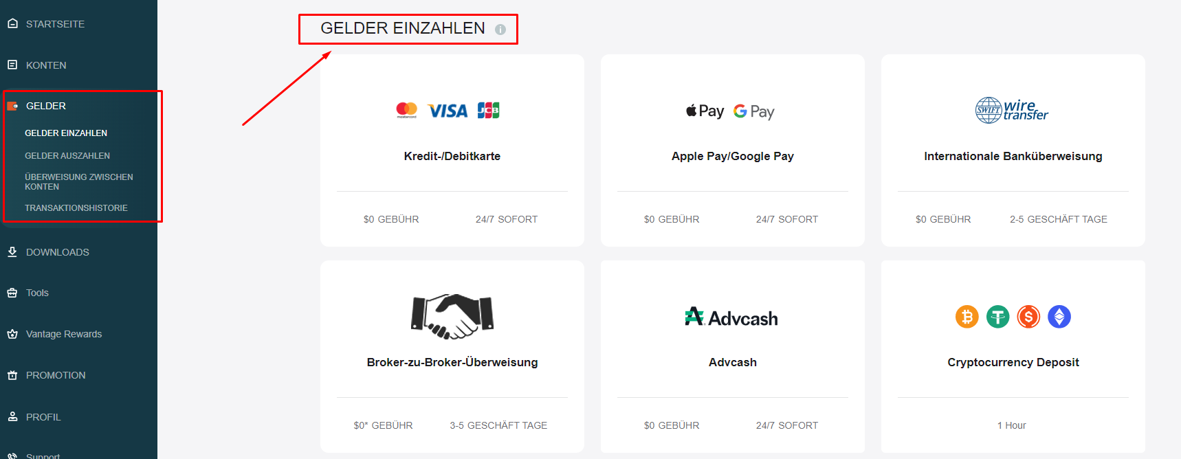 Geld einzahlen beim MT5