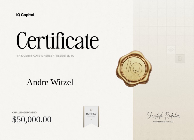 Zertifikat für einen Funded Account bei IQ Capital