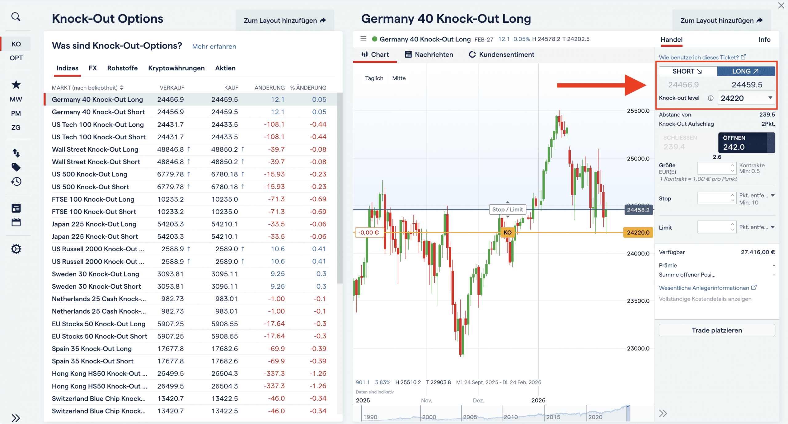 Long oder Short Knock Out Option wählen bei IG
