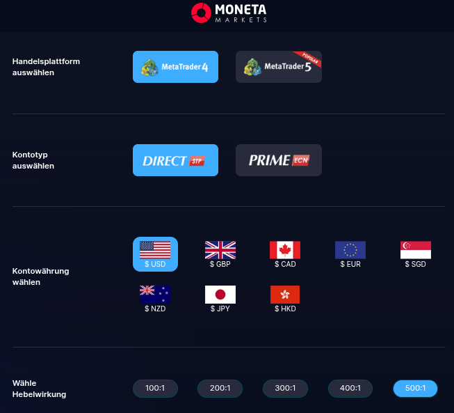Demokonto bei Moneta Markets Eröffnungsmaske
