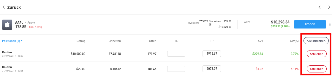 Verkaufen bzw. Position schließen bei eToro