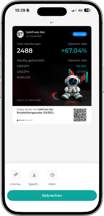 SafeTrade Bot Expert Advisor in der Startrader App mit 67,04 Prozent Gewinnrate und 2488 Handlungen in der Übersicht.