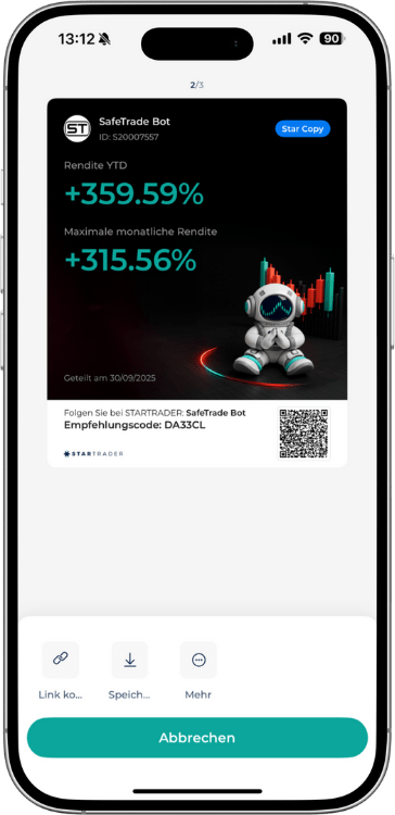 SafeTrade Bot Rendite: Screenshot der StarTrader App mit einer YTD-Rendite von +359.59% und einer maximalen monatlichen Rendite von +315.56%.