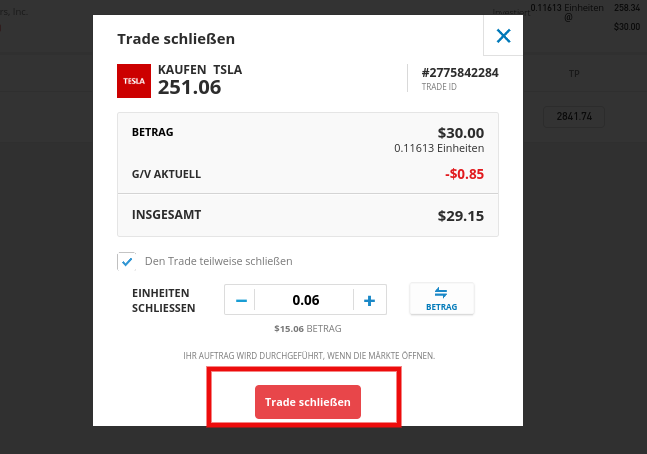 Aktien verkaufen und Trade schließen bei eToro
