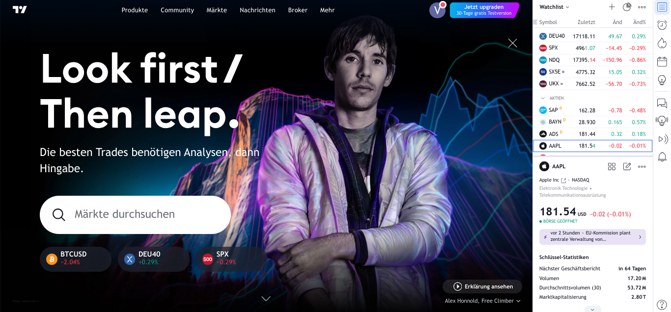 Hauptseite von TradingView mit Suchmaske