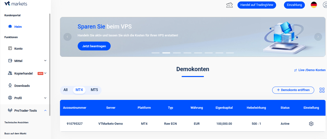 VT Markets Auswahl an Demokonten im Profil