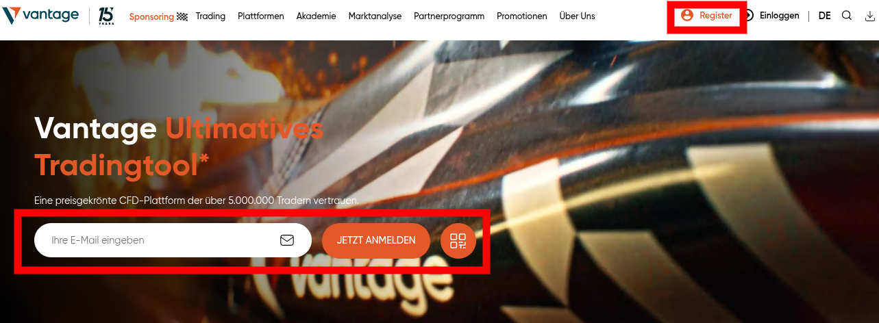 Anmelde-Optionen auf der Hauptseite von Vantage Markets