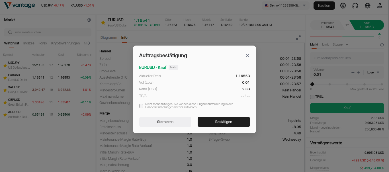 Kauforder einleiten bei Vantage Markets