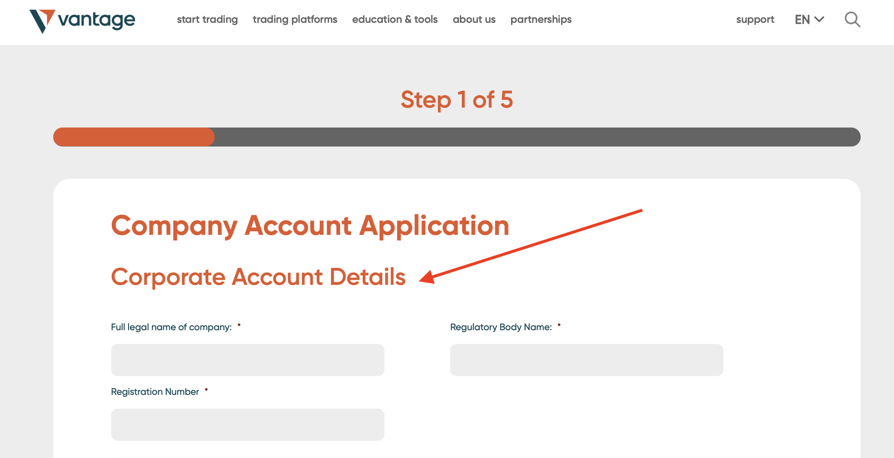Vantage Markets corporate Account
