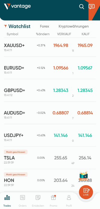 Screenshot der Aktien Trading App von Vantage