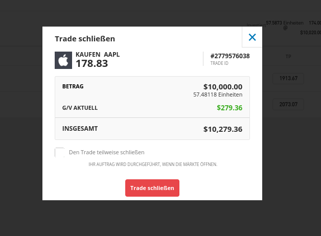 Aktien verkaufen in der Handelsplattform (Trade Schließen)