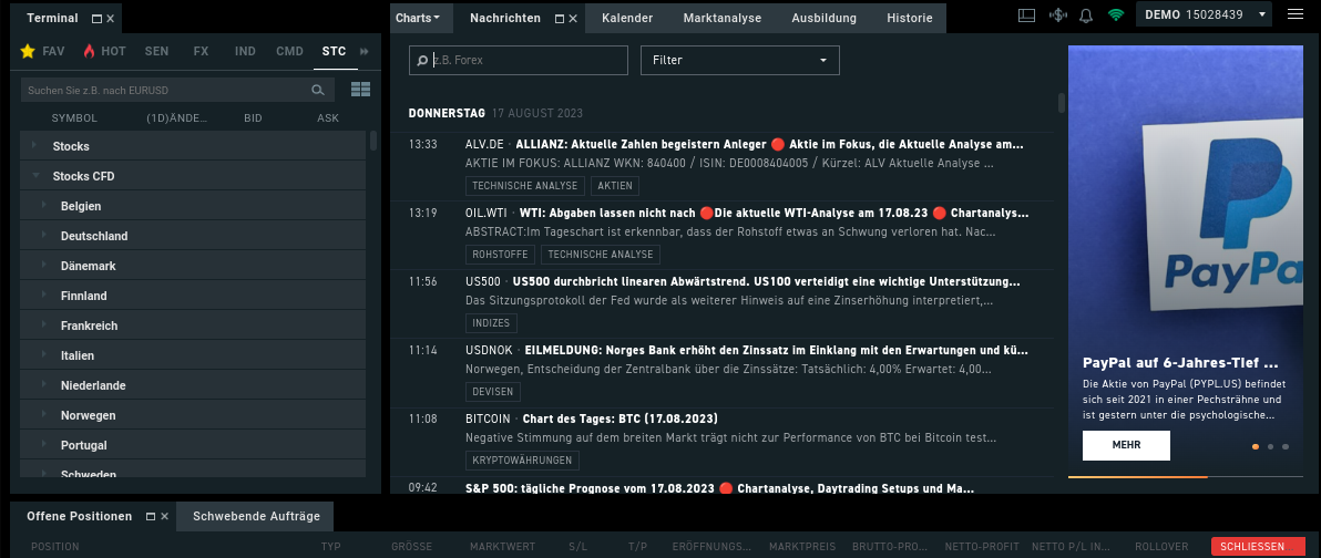 Screenshot der XTB Trading-Plattform mit News-Feed, welche Informationen zu Insidertransaktionen und Marktereignissen anzeigt.
