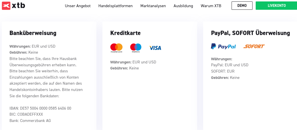 XTB Einzahlungsmethoden