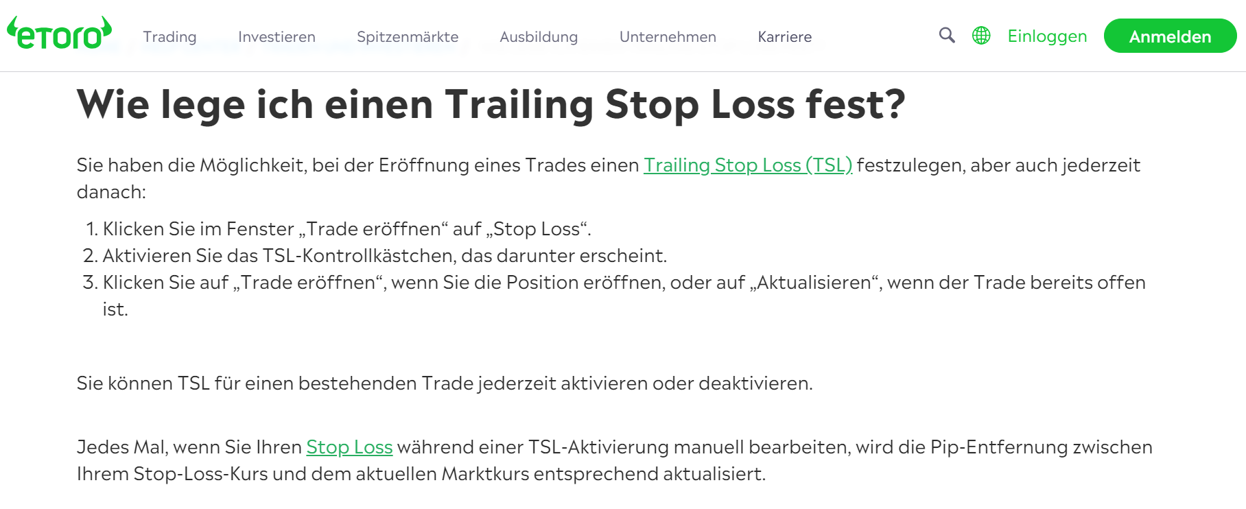 eToro mit Trailing Stop Loss