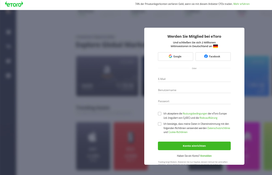 Anmeldemaske im Browser bei eToro
