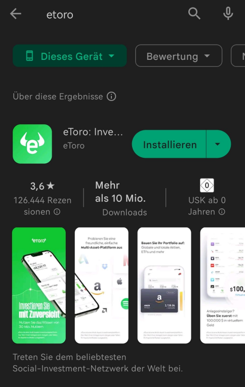 Aktien Testsieger App von Etoro downloaden